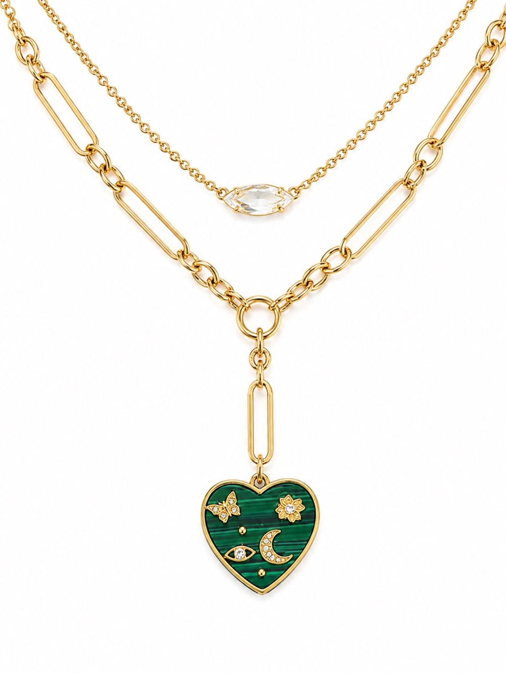 Chic Gold Layered Paperclip Necklace with Green Heart Pendant NWT Celestial